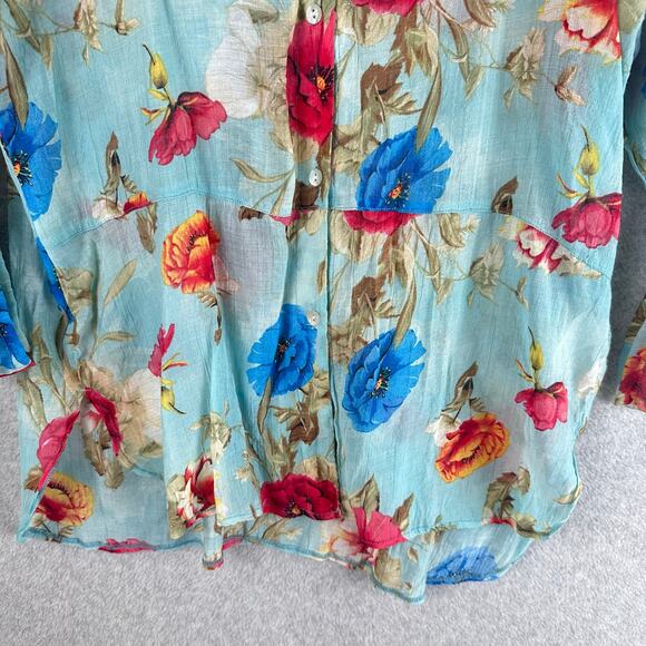 Umgee Floral Tunic Size Medium Blue Pink Sheer Blouse Button Up Beach Boho - Picture 5 of 11
